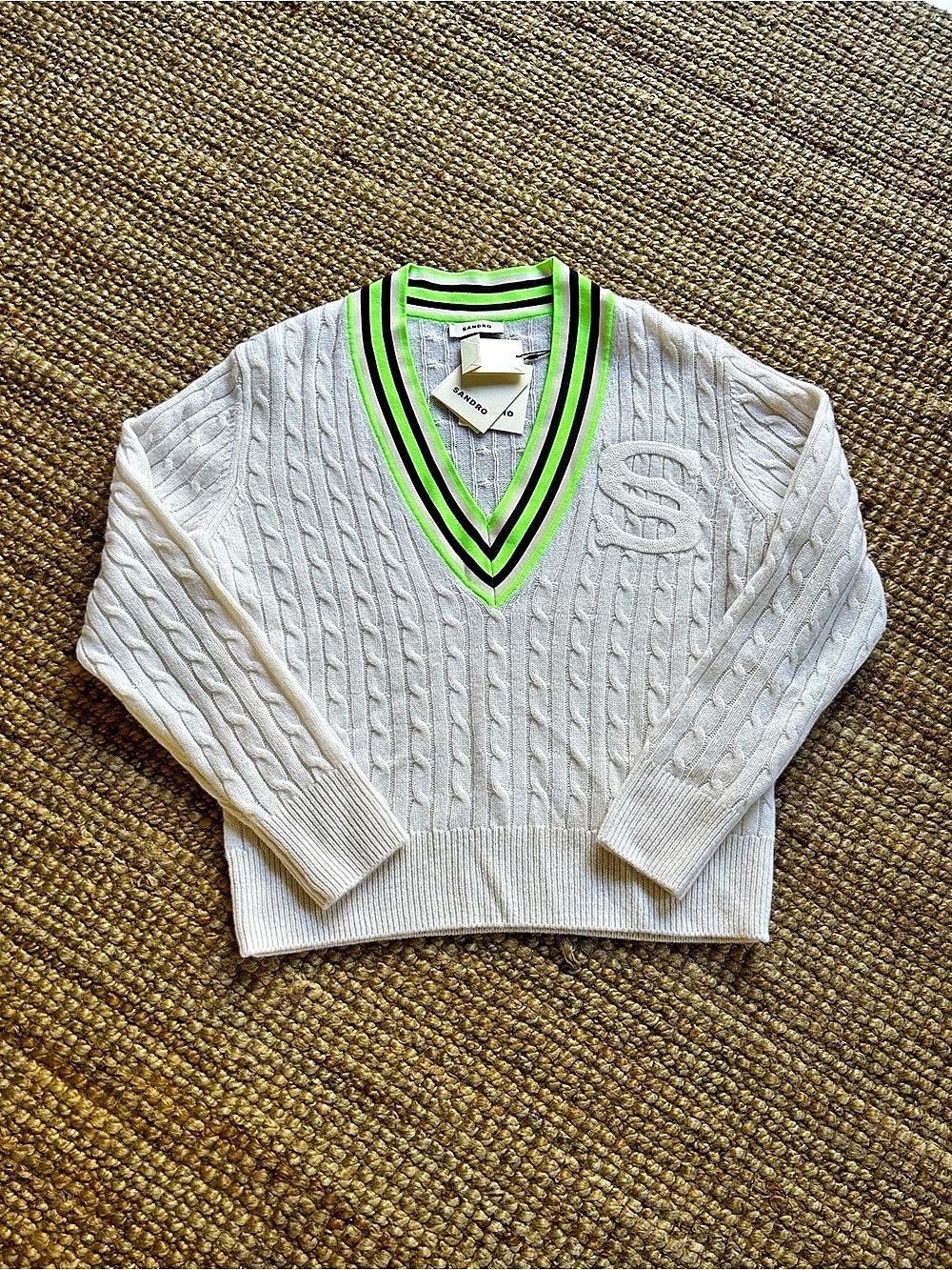 Sandro Cable Knit V-Neck Sweater with Neon Stripes size 0 or small
